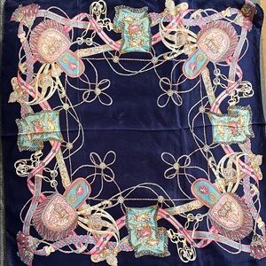 Elegant Navy Silk Scarf With Intricate Gold & Pink Patterns  Made In Korea - 20”